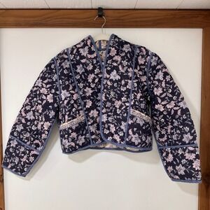 MANGO Reversible Quilted Floral Jacket Women Medium Navy Cottagecore Grandmacore